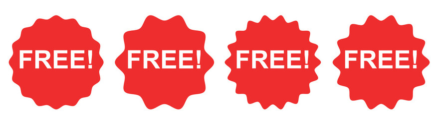 Red starburst shape, white background, "FREE" text in white, bold typography, marketing graphic, attention-grabbing design, promotional icon.
