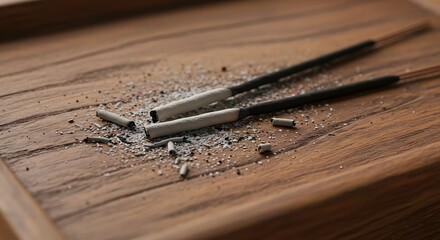 Close-up of used incense sticks with ash scattered on a wooden surface