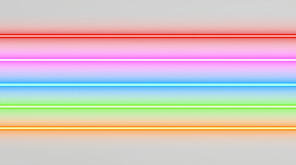 A simple design features five evenly spaced horizontal glowing neon bars on a plain white background. The bars are straight and uniform in thickness, with colors arranged from top to bottom as follows