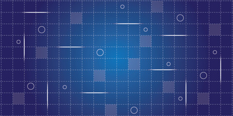 Blue Grid Pattern with Geometric Shapes and Lines Technology Background.