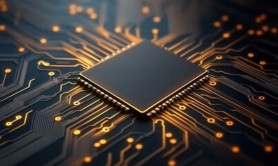 Glowing Microchip on an Intricate Circuit Board