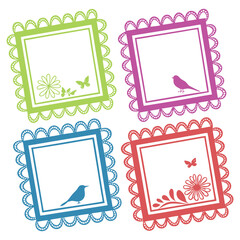 Colorful decorative square frame illustration with floral, butterfly, and bird silhouettes, perfect for scrapbooking, greeting cards, craft projects, invitations, and creative design ideas.