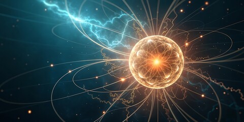 Abstract Energy Core with Lightning and Glowing Particles in a Dark Blue Environment.