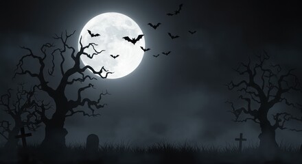Spooky Halloween Background with Haunted Forest and Full Moon