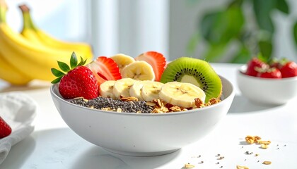 Top view of a smoothie bowl with banana, kiwi, strawberry, chia seeds, and granola, served in a white bowl.