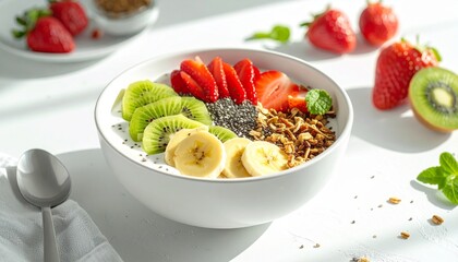 Top view of a smoothie bowl with banana, kiwi, strawberry, chia seeds, and granola, served in a white bowl.