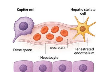 Illustration showing Kupffer cells, hepatic stellate cells, red blood cells, fenestrated endothelium, Disse space, and hepatocytes in the liver.