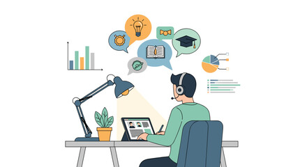 Man at desk with tablet and headset surrounded by icons art