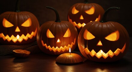 Halloween Pumpkins Still Life with Candle Glow and Dark Background
