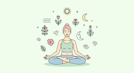 Woman in lotus position meditating surrounded by nature icons