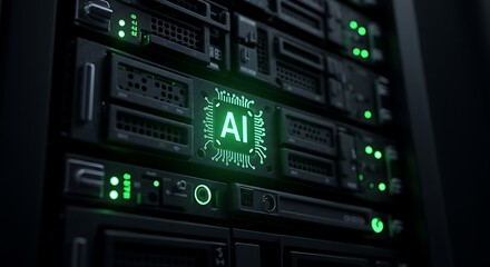 Fototapeta premium AI Server Cluster Powering Artificial Intelligence with Green Light Technology
