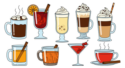Illustration of various hot drinks and cocktails in glasses