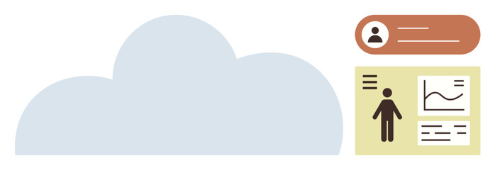 Cloud shape with user profile card, graphical chart, and human figure representing data storage. Ideal for technology, networking, analytics, organization, user management, information sharing © robu_s