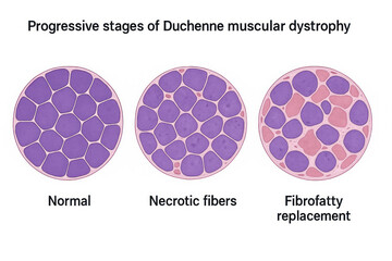 Visual representation of progressive stages of Duchenne muscular dystrophy, showing normal muscle fibers, necrotic fibers, and fibrofatty replacement.