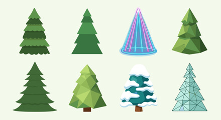 Fototapeta premium Collection of eight stylized christmas trees on a light background