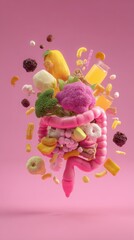 Healthy gut concept with floating food ingredients in a pink digestive system illustration studio shot