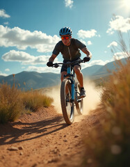 Naklejka premium Man rides mountain bike on dusty dirt trail with dry grass. Cyclist wears helmet and goggles, kicking up dust on sunny day in mountains. Active outdoor extreme sport.