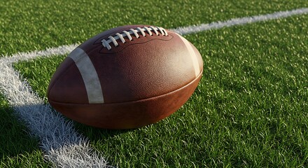 American Football Resting on the Field with Green Grass and White Lines in the Daytime