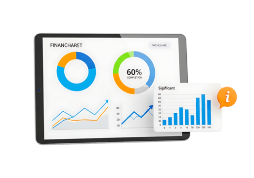 Tablet displaying financial charts and graphs isolated on transparent background