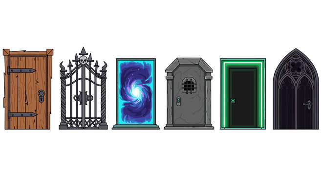 Collection of six stylized fantasy doors and gates designs