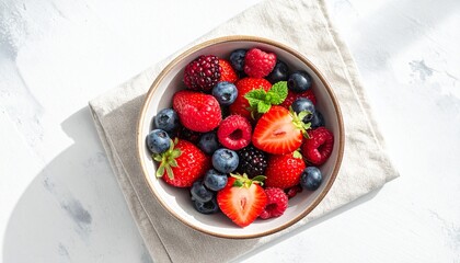 Top view of a bowl filled with fresh strawberries, blueberries, and raspberries on a light background.