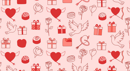 Seamless pattern with hearts doves gifts and floral elements