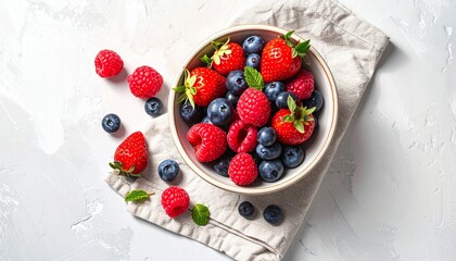 Top view of a bowl filled with fresh strawberries, blueberries, and raspberries on a light background.