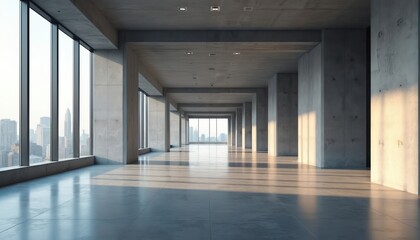 Expansive empty concrete office hallway with large windows and city views. Sunlight streams across polished floors creating long shadows. Modern minimalist interior design.