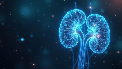 Obraz premium Digital model of human kidneys glows blue against dark background with bokeh lights. Medical science and healthcare concept for kidney awareness.