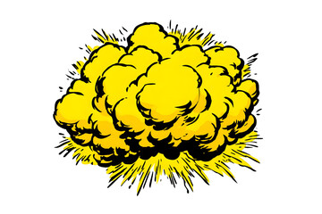 Yellow cartoon explosion cloud, comic style energetic blast with sketchy effect. Isolated on transparent background.

