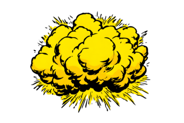 Yellow cartoon explosion cloud, comic style energetic blast with sketchy effect. Isolated on transparent background.

