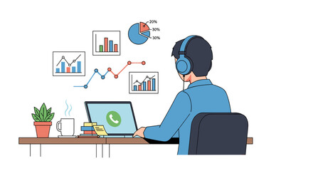 Person working at desk with charts laptop and headphones on