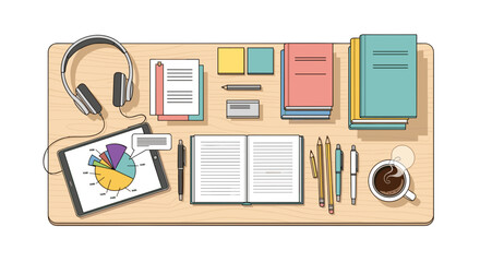 Fototapeta premium Overhead view of a desk with books tablet and other objects