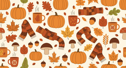 Autumn themed pattern with pumpkins leaves and cozy elements