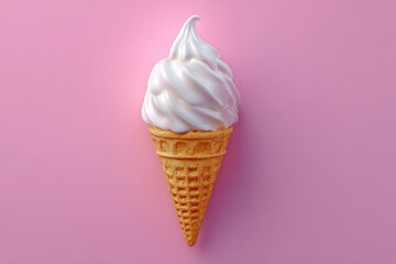 Vanilla Ice Cream Cone on Pink Background Close Up Studio Shot Delicious Sweet Dessert Summer Treat