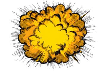Yellow cartoon explosion cloud, comic style energetic blast with sketchy effect. Isolated on transparent background.

