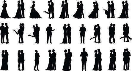 Romantic couple silhouettes, wedding poses, love and romance illustrations, elegant man and woman dancing, affectionate embrace clipart, kiss moments