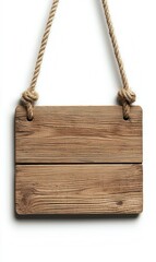 Fototapeta premium Wooden Sign Hangs From a Rope on White Background