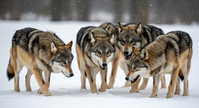 Wolf pack in the snow. - Powered by Adobe