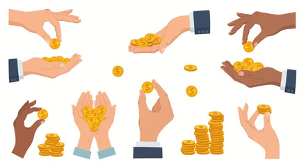 A diverse collection of hands interacting with gold coins, symbolizing various financial activities like saving, investing, and earning