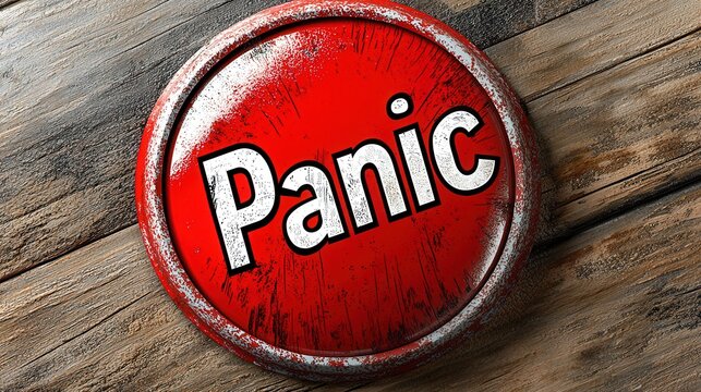 Red Panic Button on Aged Wood Table