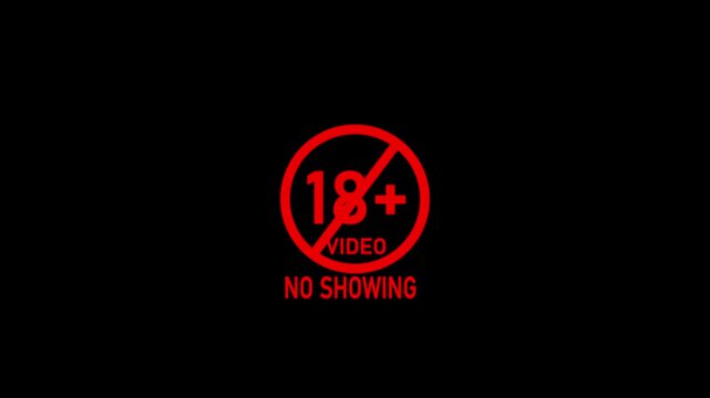 Abstract 18+ not allowed no showing icon red color animation on transparent movie. Under 18 sign warning symbol warning adult. 18+ not allowed video animation on black background.