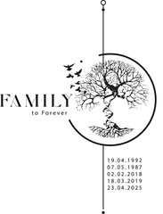 Family tree design with significant dates and birds flying above in a simple, elegant style for personal connection and remembrance Generative AI