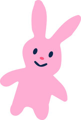 A cute pink cartoon bunny with long ears, dark eyes, a small pink nose, and a smiling mouth, depicted in a simple and playful style.