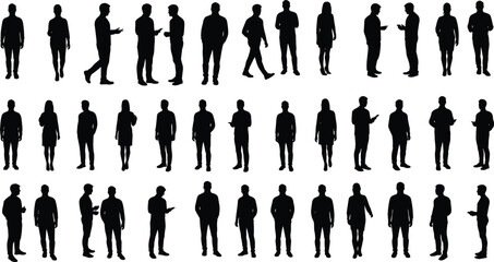 Silhouette people collection, walking standing figures, human posture poses, business casual men women, crowd illustration, vector design, body language concept