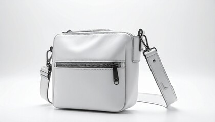 White leather handbag with structured rectangular shape, front zippered pocket, top flap, and metal-accented adjustable strap—evoking minimalist elegance and versatile sophistication.