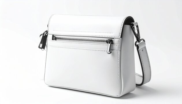 White leather handbag with structured rectangular shape, front zippered pocket, top flap, and metal-accented adjustable strap—evoking minimalist elegance and versatile sophistication.