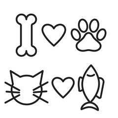 I LOVE DOGS and CAT LOVES FISH linear icons set isolated on transparent background. Outline symbols include bone, heart, paw, cat and fish. Simple pet shop icon collection with editable stroke.