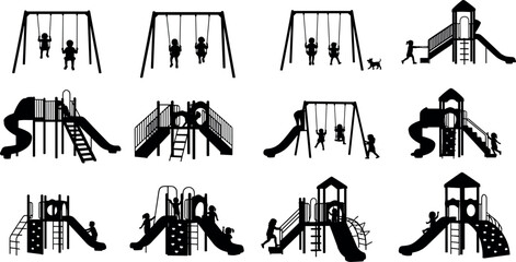 Playground silhouette set of children playing on swings, slides, climbing structures, outdoor activity icons for kids recreation design
