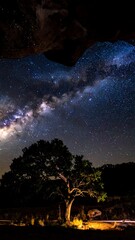 Night sky view from beneath a rock overhang
